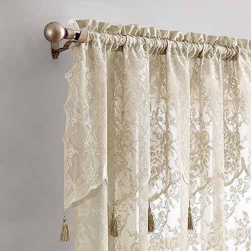 LinenZone Pair of 2 Lace Curtain Panels with Valance and 6 Tassels