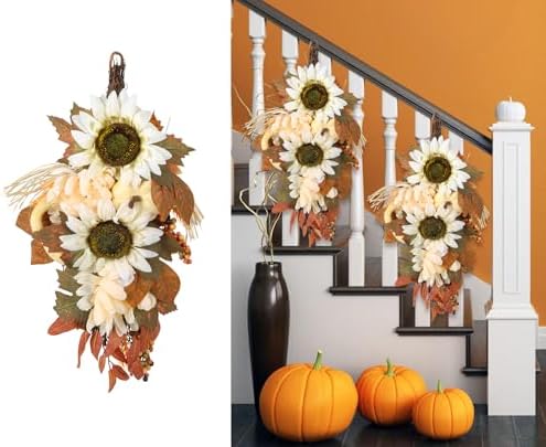 IPOPU 2PCS Fall Teardrop Wreath for Front Door