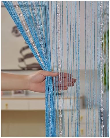 Beaded Door Curtain with Crystal Beads and Tassel Blue