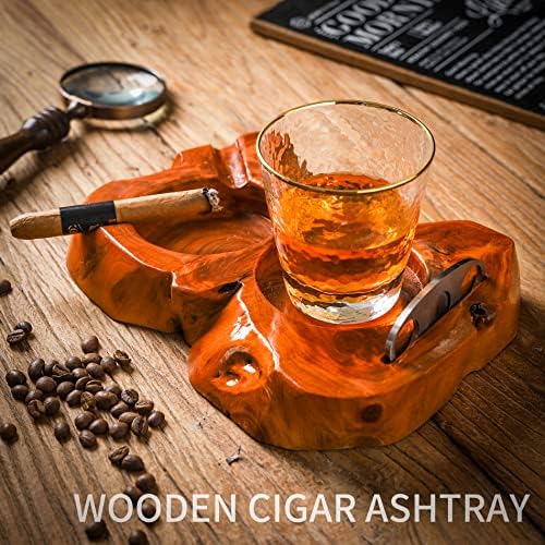 Wooden Cigar Ashtray with Whiskey Glass and Cutter Holder Large