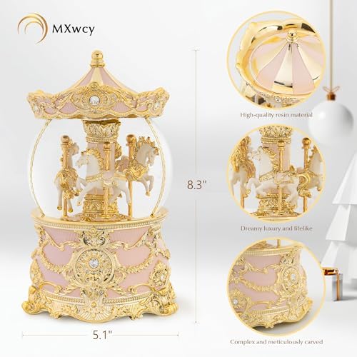 Carousel Music Box Gold Pink Christmas Snow Globe