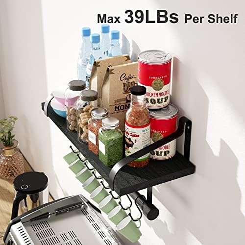Love-KANKEI Floating Shelves with 8 Hooks Black 173 Inch