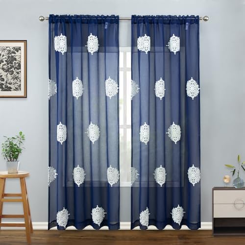 VOGOL White Flower Embroidered Sheer Curtains 2 Panels