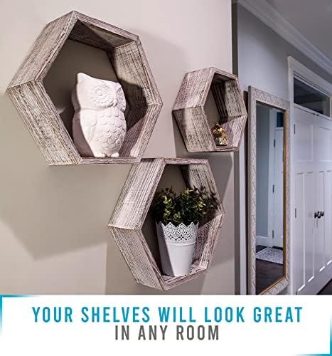 Comfify Rustic White Hexagonal Floating Shelves Set of 3