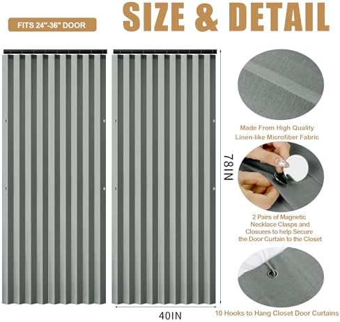 HOMBYS Magnetic Door Curtain 2 Panel Grey 40x78 Inches