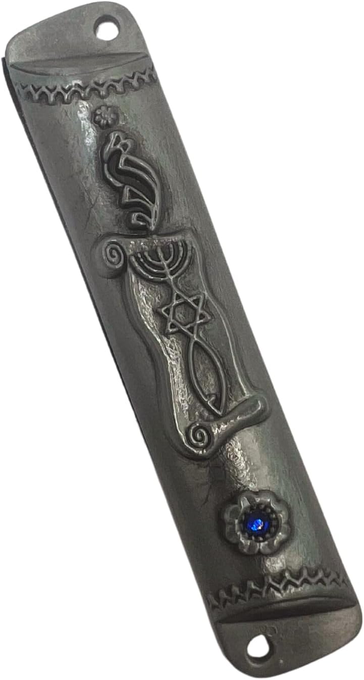 Silver Mezuzah with Scroll - Antique Look Blue Stone Accent 4 Inches Tall