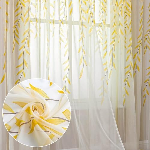 BROSHAN Yellow Sheer Curtains 2 Panels Voile