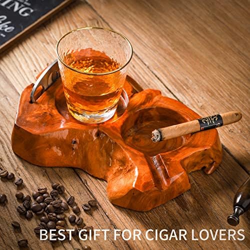 Wooden Cigar Ashtray with Whiskey Glass and Cutter Holder Large