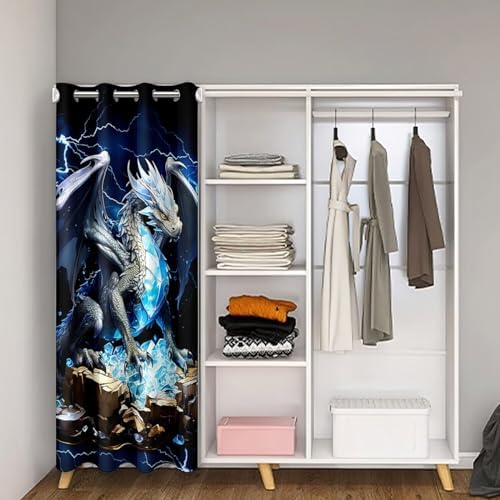 3D Western Dragon Door Curtain 34 x 80 Blue Shiny
