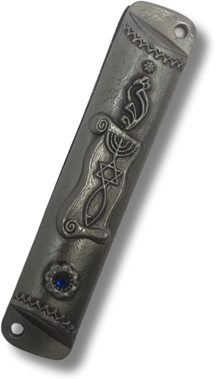Silver Mezuzah with Scroll - Antique Look Blue Stone Accent 4 Inches Tall