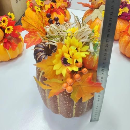 Fall Pumpkin Decor Centerpiece with Artificial Sunflowers and Autumn Leaves
