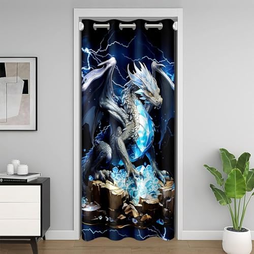 3D Western Dragon Door Curtain 34 x 80 Blue Shiny