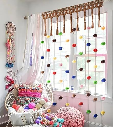 IOWER Pom Pom Macrame Curtain for Kids Room Decor