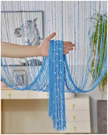 Beaded Door Curtain with Crystal Beads and Tassel Blue
