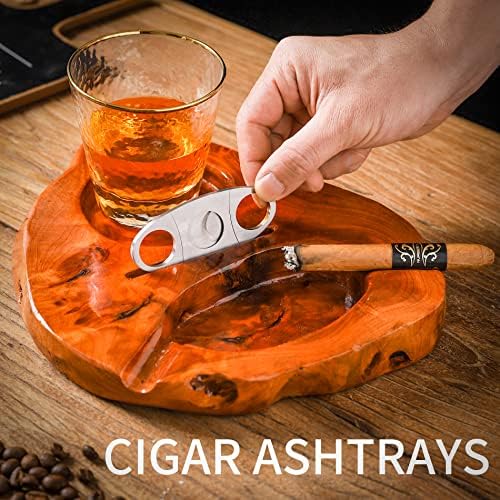 Wooden Cigar Ashtray with Whiskey Glass and Cutter Holder Large