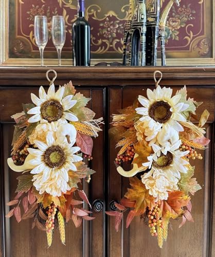 IPOPU 2PCS Fall Teardrop Wreath for Front Door