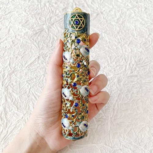 Hand Painted Mezuzah with Blue Crystal Accent