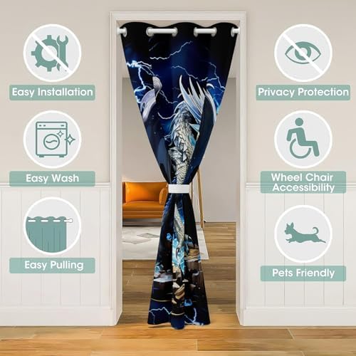 3D Western Dragon Door Curtain 34 x 80 Blue Shiny