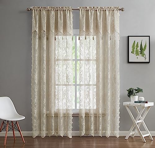 LinenZone Pair of 2 Lace Curtain Panels with Valance and 6 Tassels
