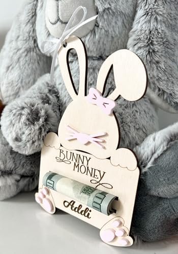 Custom Name Easter Bunny Money Holder - Wooden Basket Decoration