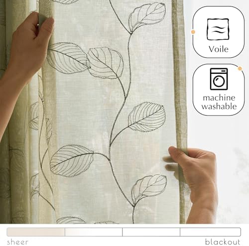 Jinchan Sage Green French Door Curtain with Leaf Embroidery