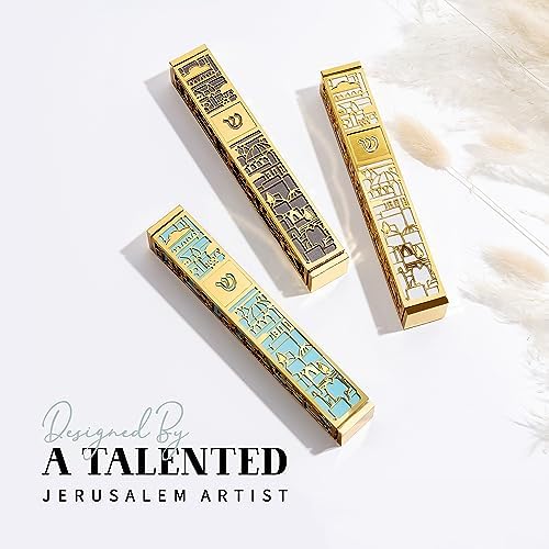 SURI Mezuzah with Jerusalem Design 5-Inch Gold Turquoise Case
