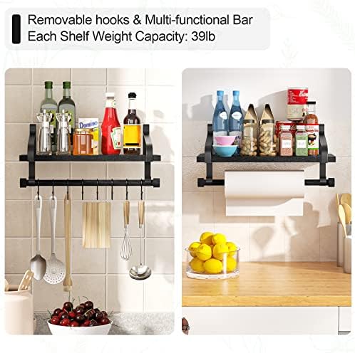 Love-KANKEI Floating Shelves with 8 Hooks Black 173 Inch