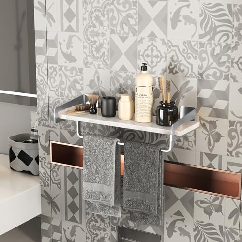 Marble Bathroom Wall Shelf with Towel Bar Silver