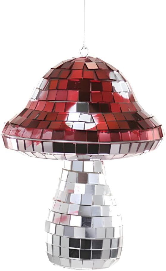 Cody Foster Co Disco Mirror Mushroom Ornament Shimmering Red and Silver Retro-Inspired Festive Decor 6-Inch Novelty