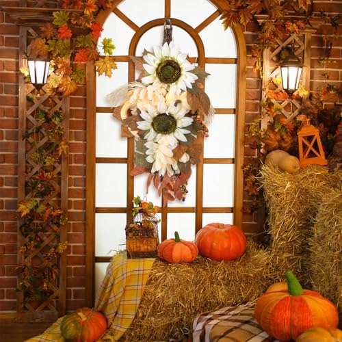 IPOPU 2PCS Fall Teardrop Wreath for Front Door