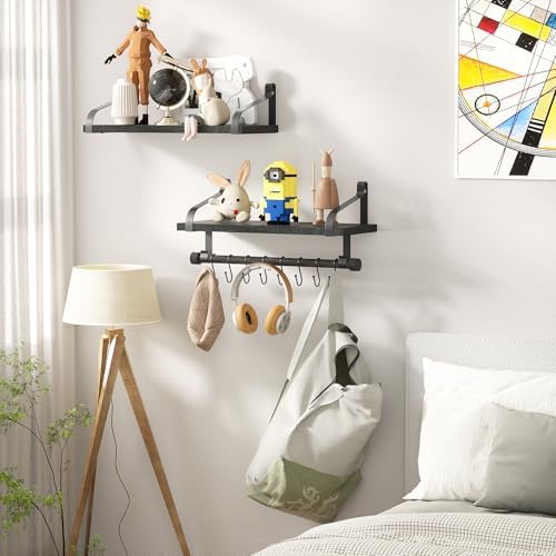 Love-KANKEI Floating Shelves with 8 Hooks Black 173 Inch