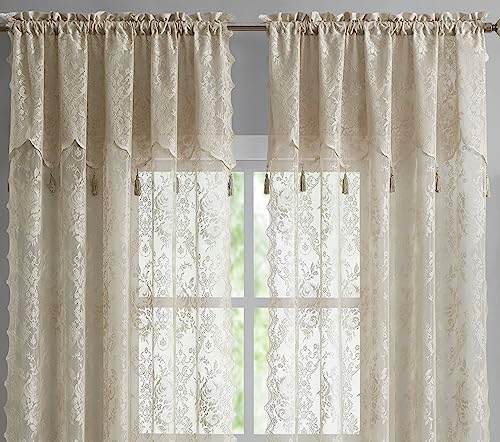 LinenZone Pair of 2 Lace Curtain Panels with Valance and 6 Tassels