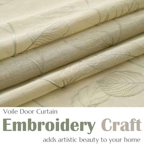 Jinchan Sage Green French Door Curtain with Leaf Embroidery