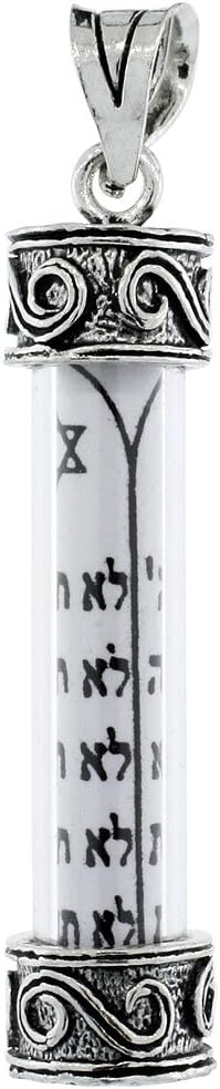 Sterling Silver Mezuzah Pendant with Ten Commandments S Scroll Pattern