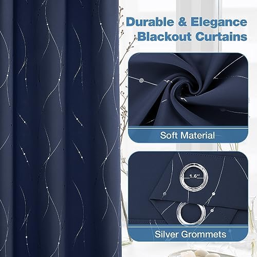 BUHUA Blackout Curtains with Floral Pattern Navy 72 Inch Length 2 Panels