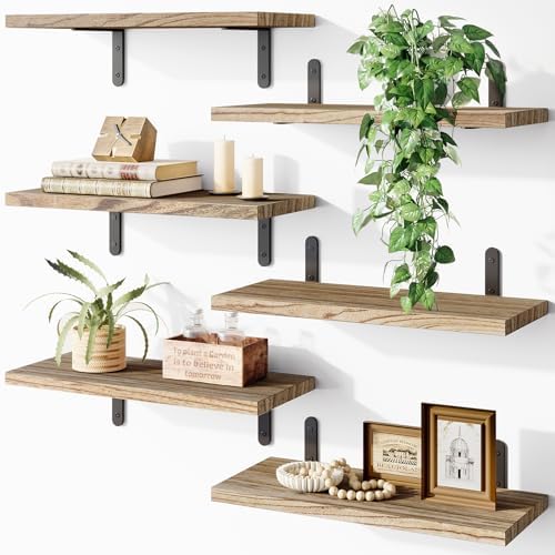 Fixwal Wood Floating Shelves Set of 6 Rustic Brown Wall Mount