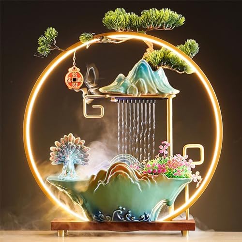 Peacock Tabletop Waterfall Fountain with LED Light