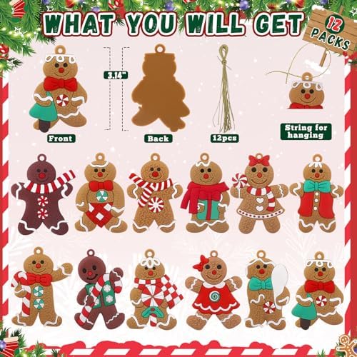 12pcs Christmas Gingerbread Man Ornaments with Gold Ropes