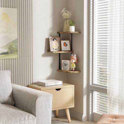 Love-KANKEI 3 Tier Rustic Wood Floating Corner Shelf
