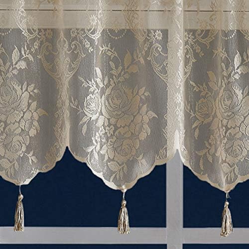 LinenZone Pair of 2 Lace Curtain Panels with Valance and 6 Tassels