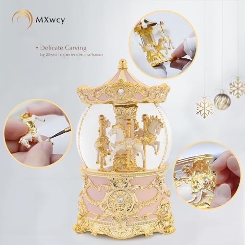 Carousel Music Box Gold Pink Christmas Snow Globe