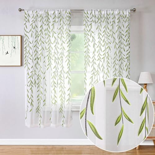 BROSHAN Sheer Curtains 72 Inches Long Leaf Pattern 2 Panel Set