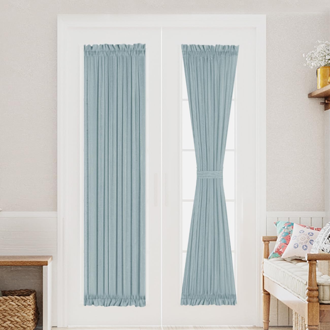Turquoize Teal Linen French Door Curtains with Tie Back