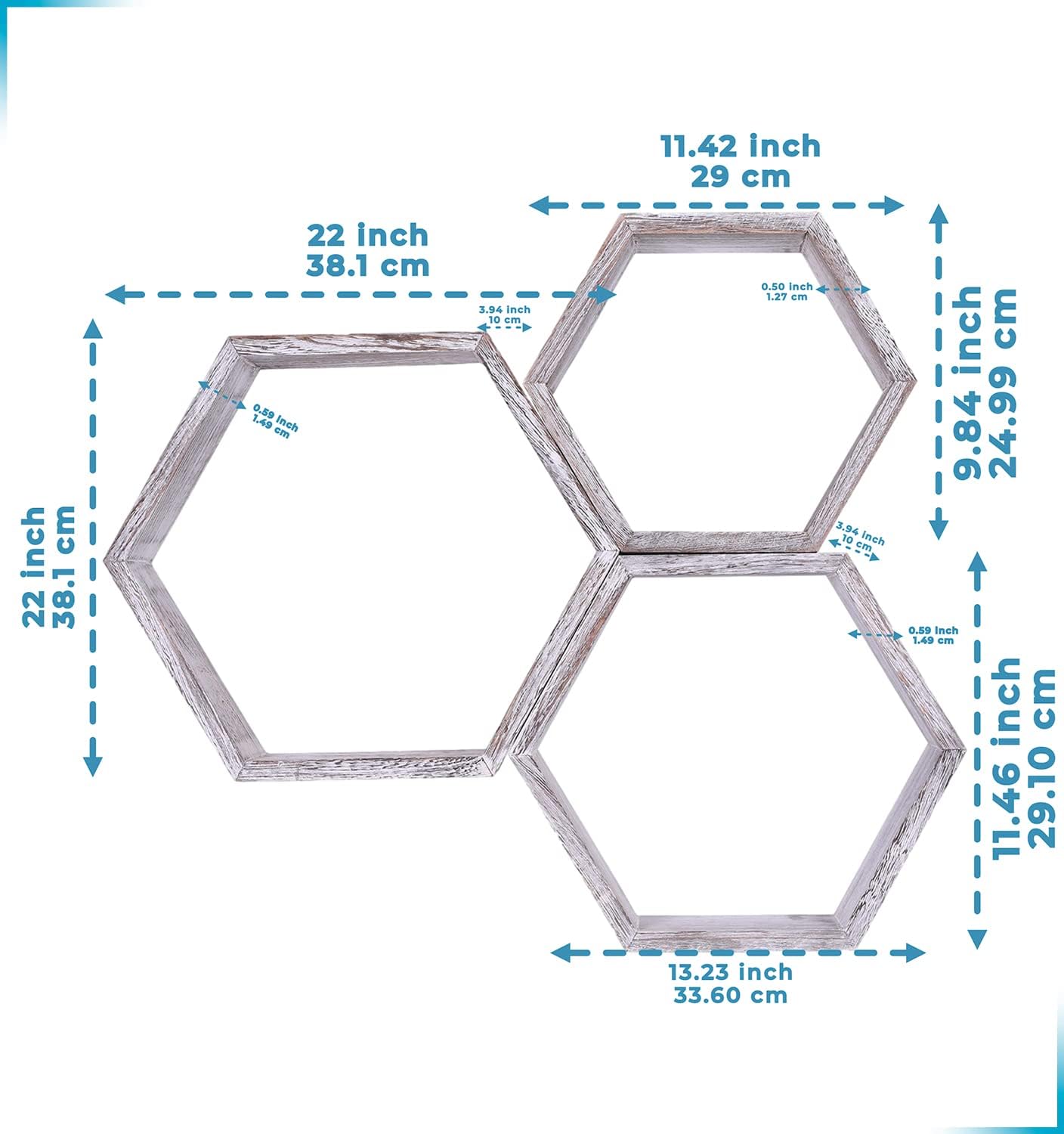 Comfify Rustic White Hexagonal Floating Shelves Set of 3