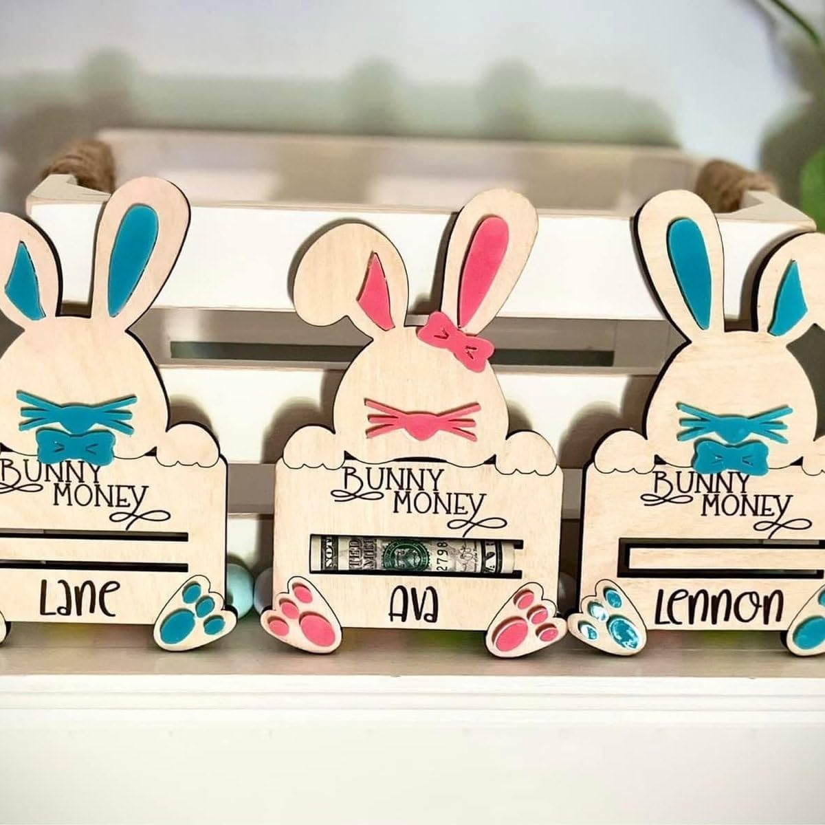 Custom Name Easter Bunny Money Holder - Wooden Basket Decoration