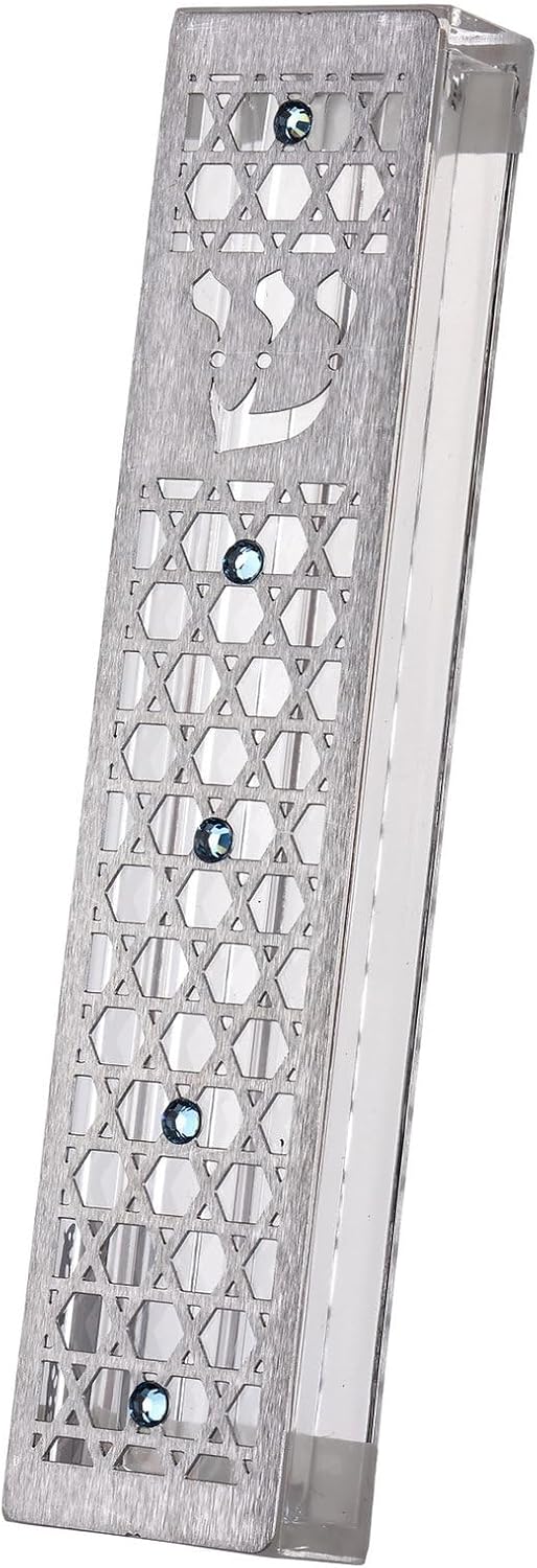 Large Acrylic Steel Mezuzah Case Azure Magen David