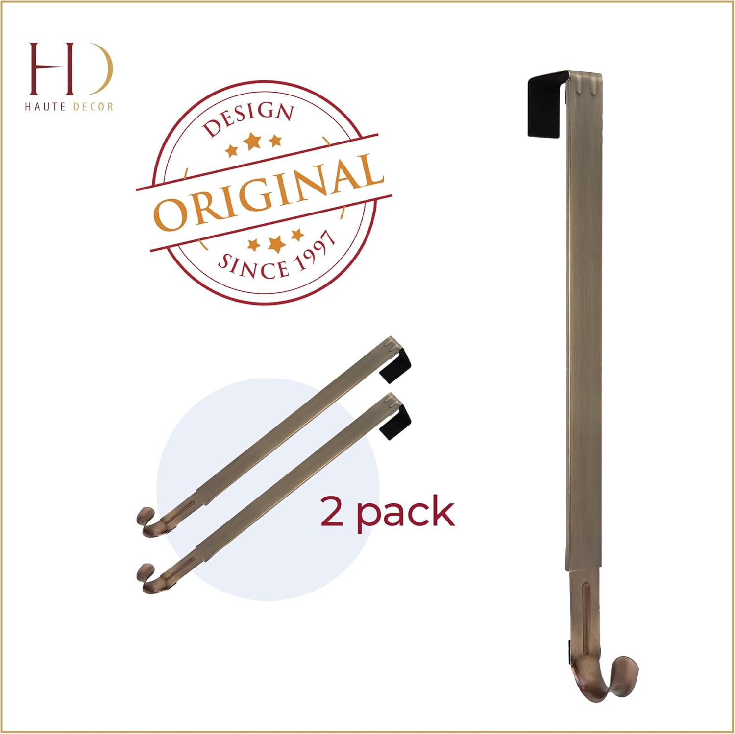 Haute Decor Adjustable Wreath Hanger 2 Pack Antique Brass