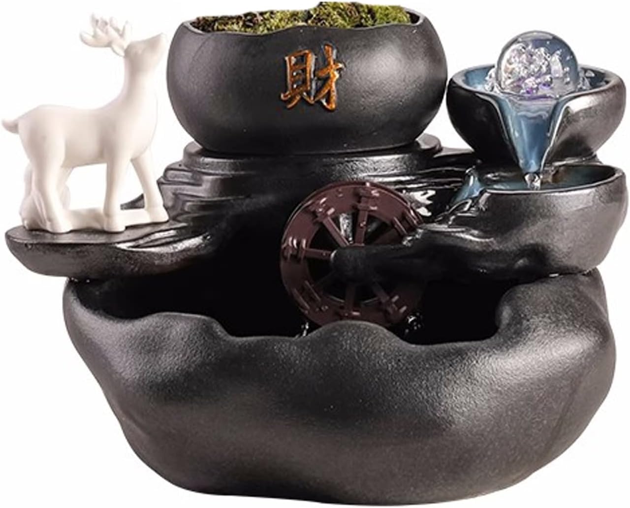 Black Ceramic Table Fountain with Mist and Animal Sculpture