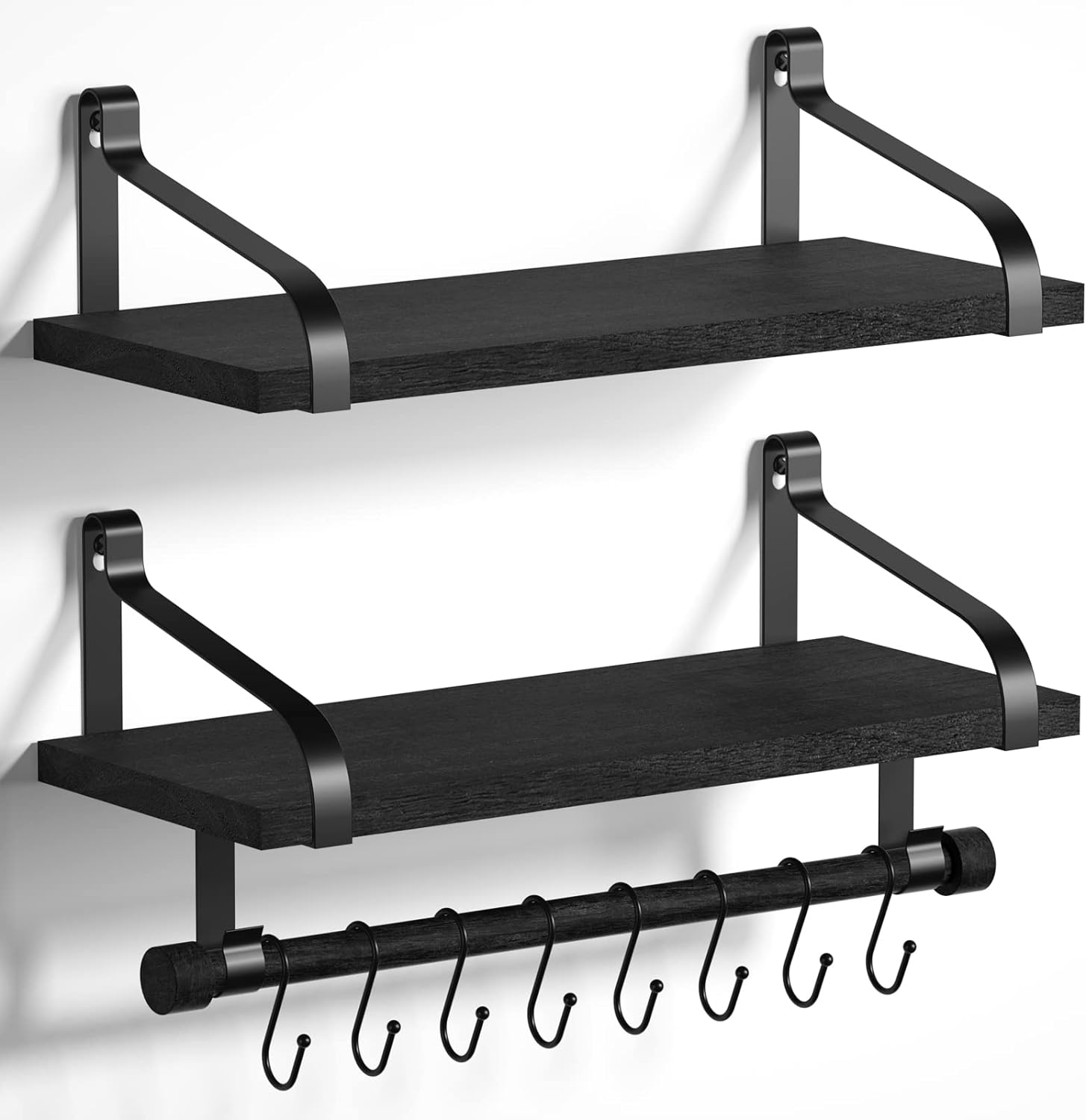 Love-KANKEI Floating Shelves with 8 Hooks Black 173 Inch
