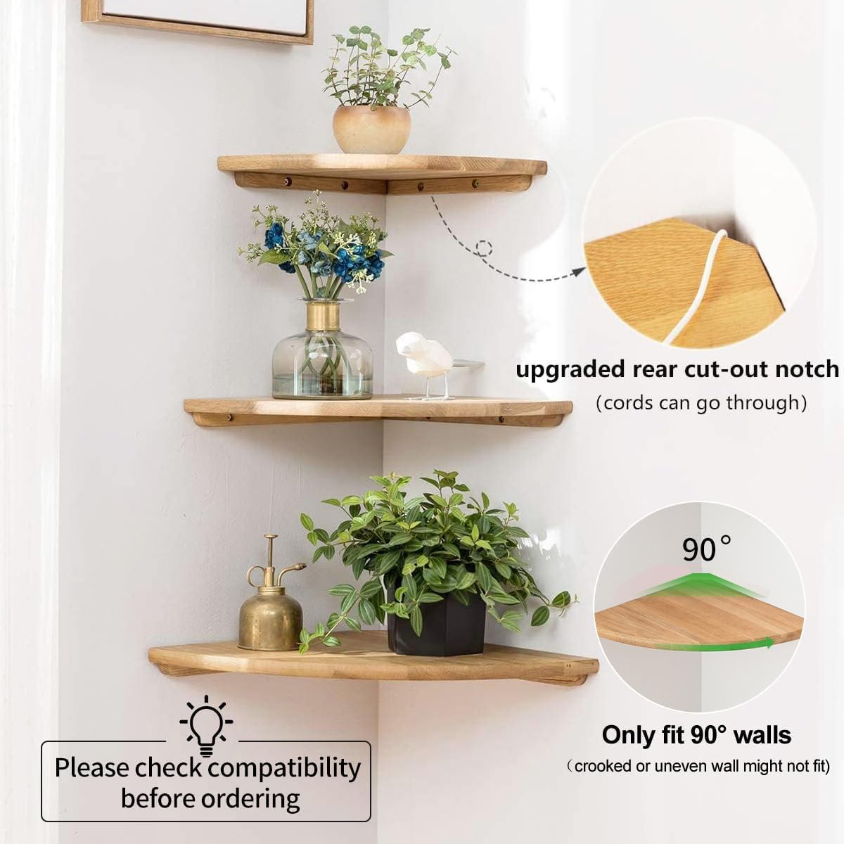 Set of 2 Floating Corner Shelves in Solid Oak Wood